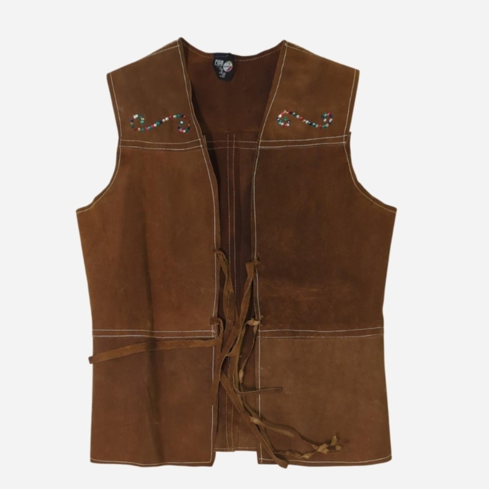 Vintage 1970s brown suede leather vest with rainbow sequin details With Tassels